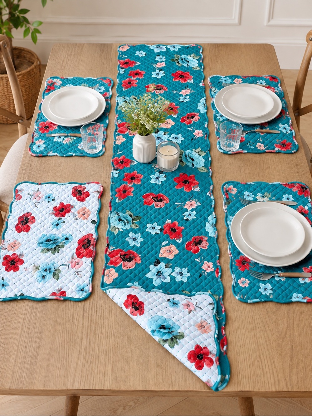 Reversible Quilted Floral Table Runner 4 Placemats Set Teal Cottagecore